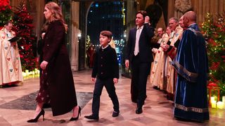 Princess Beatrice arrives with her husband Edoardo Mapelli Mozzi and stepson Wolfie for the 'Together At Christmas' Carol Service at Westminster Abbey on December 6, 2024