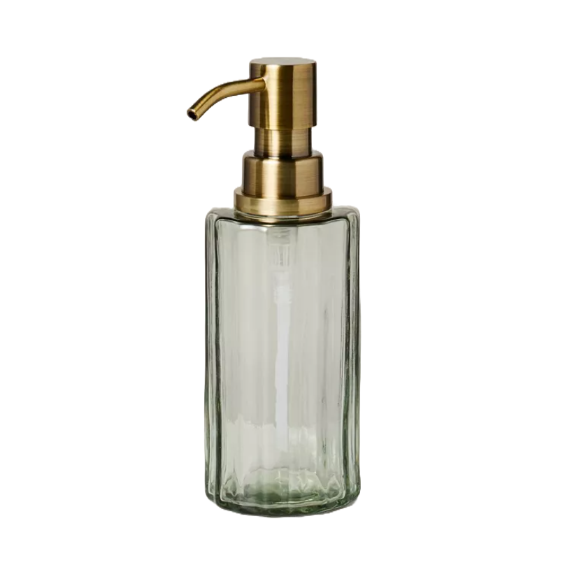 a green fluted glass soap dispenser with a gold metal pump