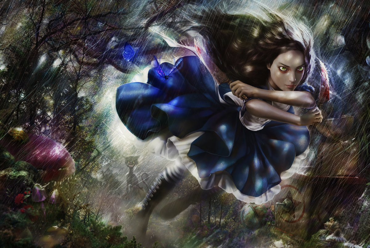 Concept art shows American McGee&#039;s Alice flying through the air.