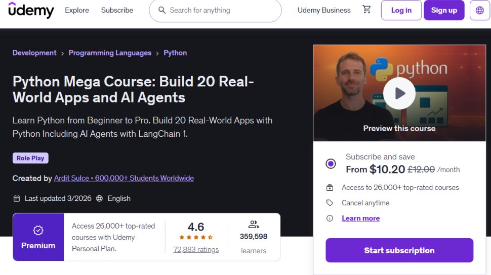 Website screenshot of Udemy (March, 2026)