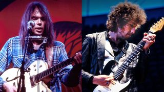 LEFT: Canadian singer-songwriter Neil Young performs on stage at Hammersmith Odeon, London, 28th March 1976. RIGHT: Bob Dylan performs live on stage at the Feijenoord Stadion, Rotterdam, Netherlands during his 'Still On The Road' World Tour, 23rd June 1978. 