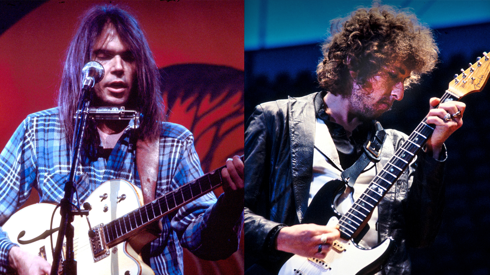 LEFT: Canadian singer-songwriter Neil Young performs on stage at Hammersmith Odeon, London, 28th March 1976. RIGHT: Bob Dylan performs live on stage at the Feijenoord Stadion, Rotterdam, Netherlands during his &#039;Still On The Road&#039; World Tour, 23rd June 1978. 