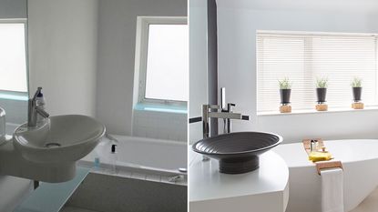 before and after images of white bathroom makeover