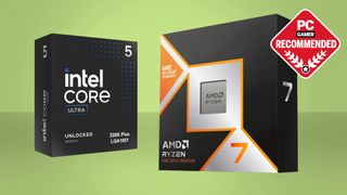 An image showing the retail boxes for an AMD Ryzen 7 9800X3D and Intel Core Ultra 5 250K Plus, against a gradient green background, with a PC Gamer Recommended logo in the top right corner