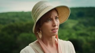 Julia Aks in a bonnet, looking serious in Jane Austen&rsquo;s Period Drama