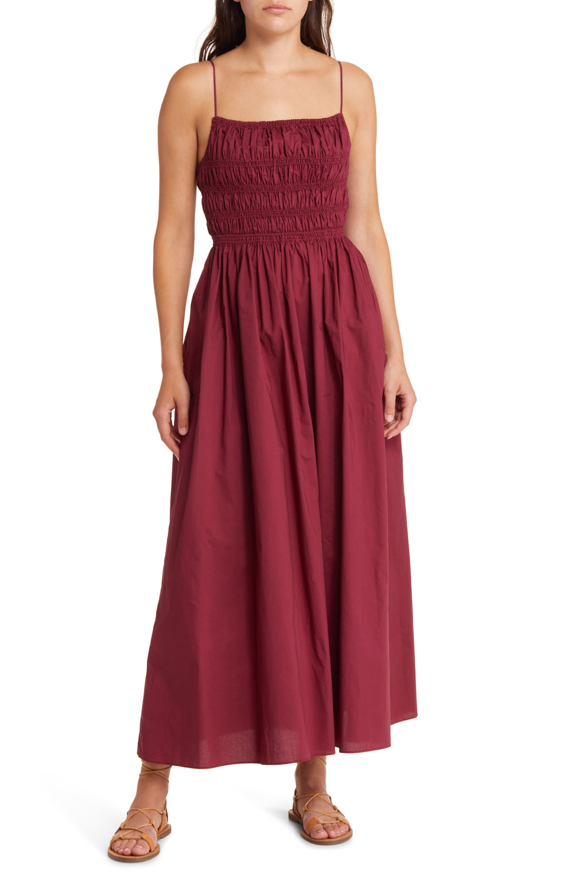 MOON RIVER Smocked Tie Back Midi Dress