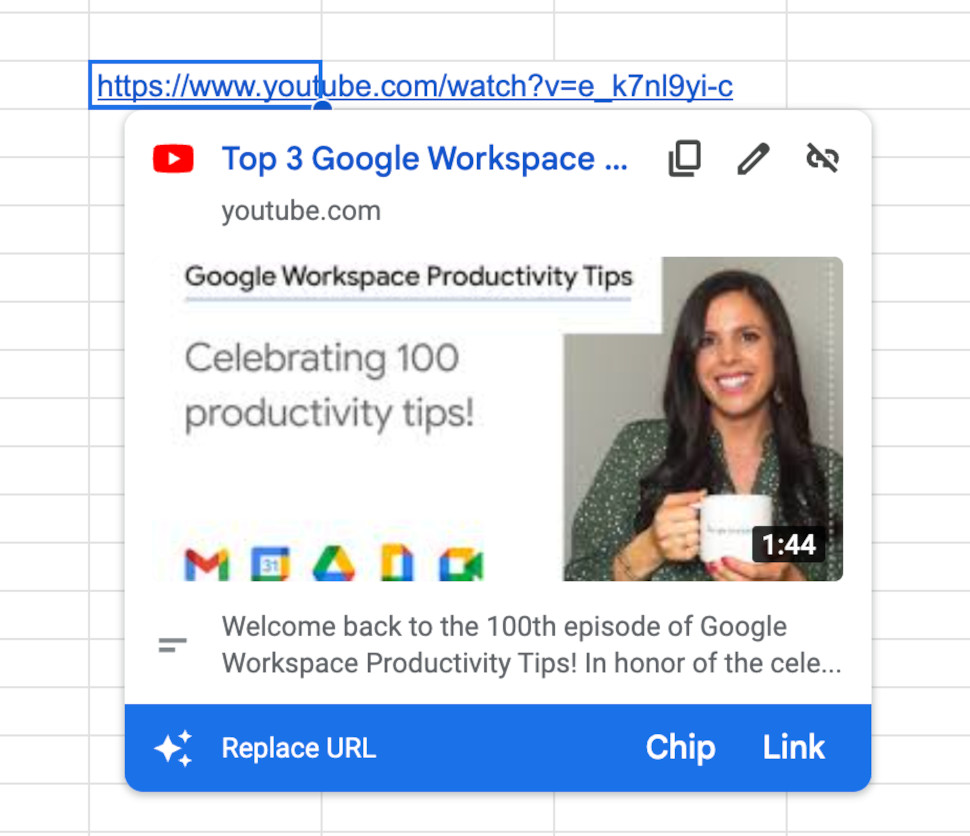 Google Sheets smart chips youtube link