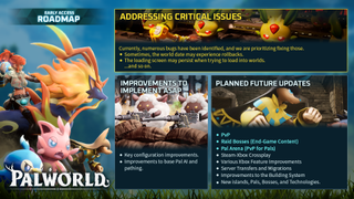 A roadmap for Palworld by pocketpair, promising PvP, raid bosses, new islands, and more.