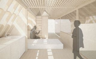 Design of building interior which is almost transparent and with silhouettes of people