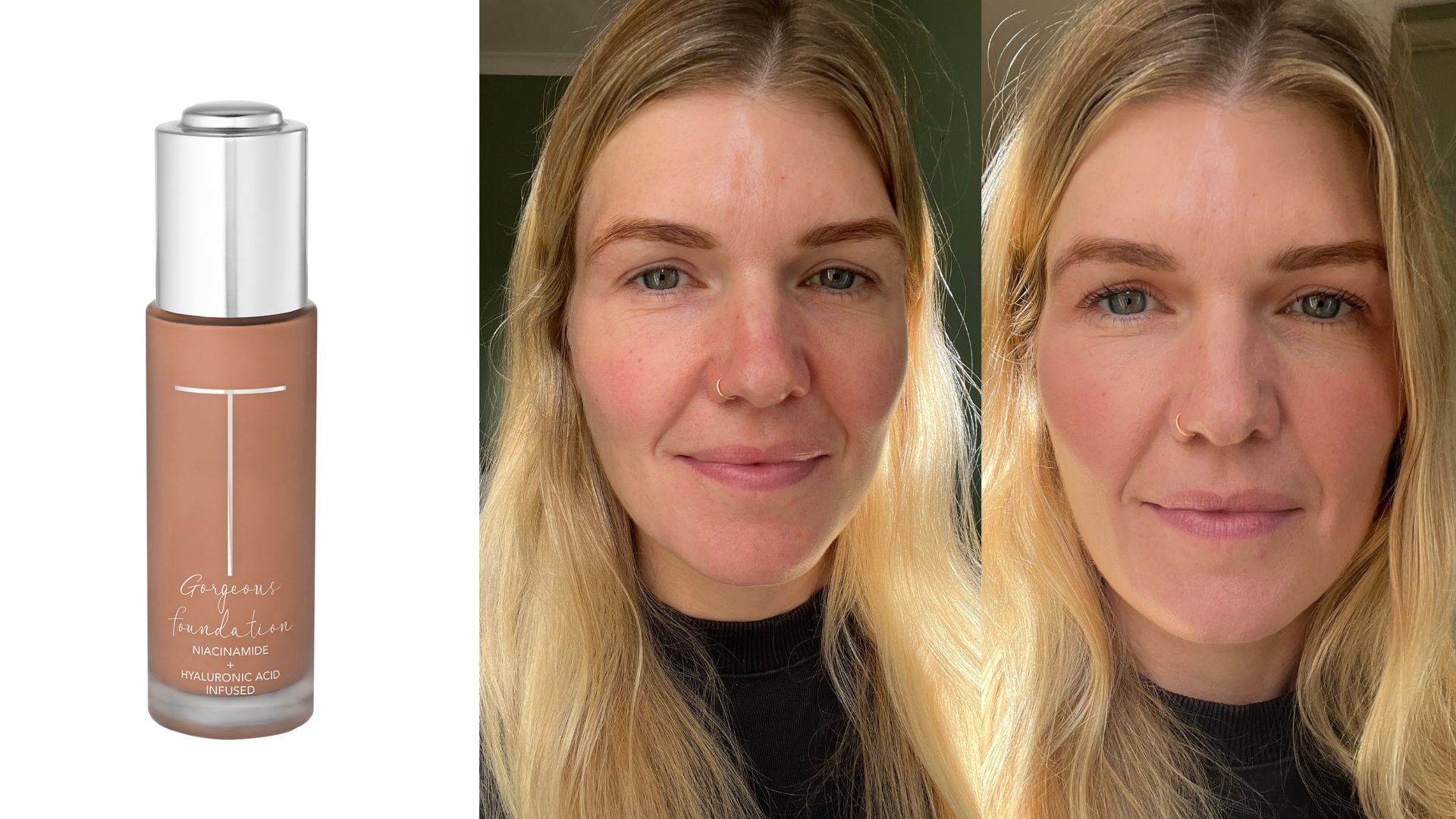 Trish McEvoy Gorgeous Foundation next to a before and after of Fiona wearing the product