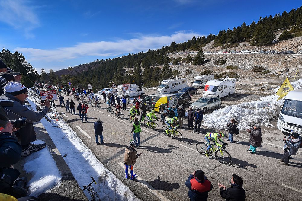 The peloton heads over part of Mont Ventoux