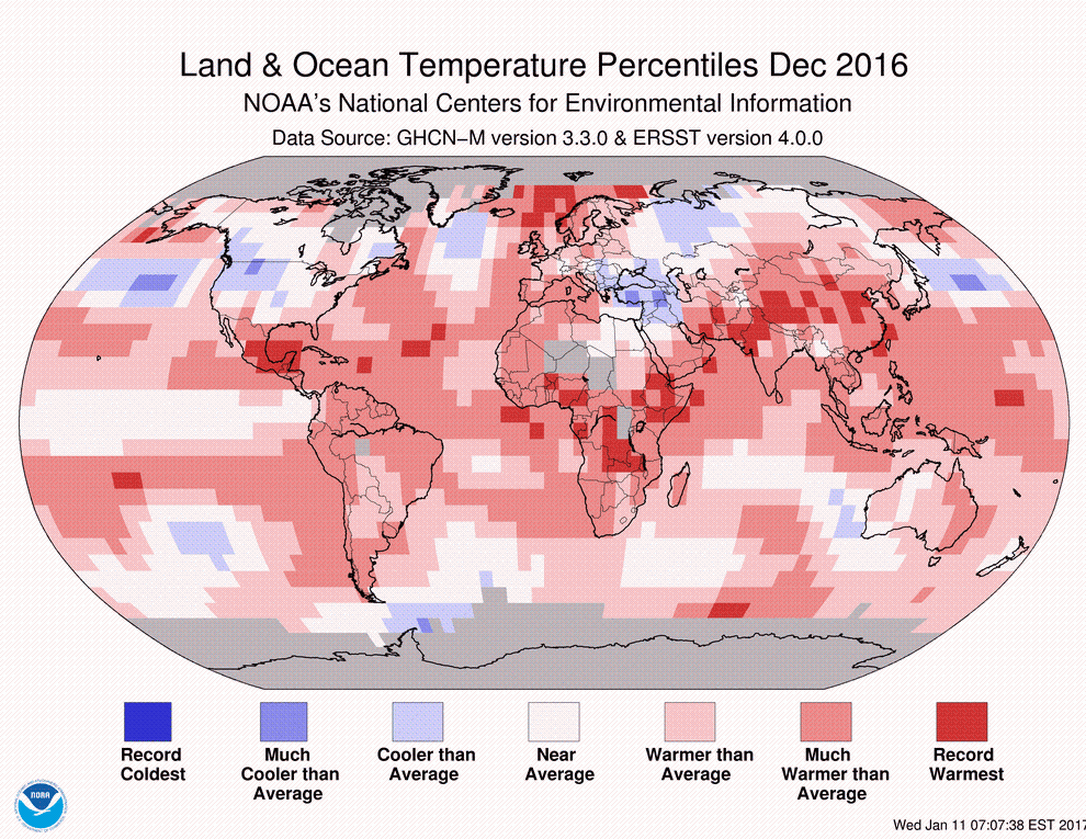2016 Global Land & Ocean Temperature Percentiles