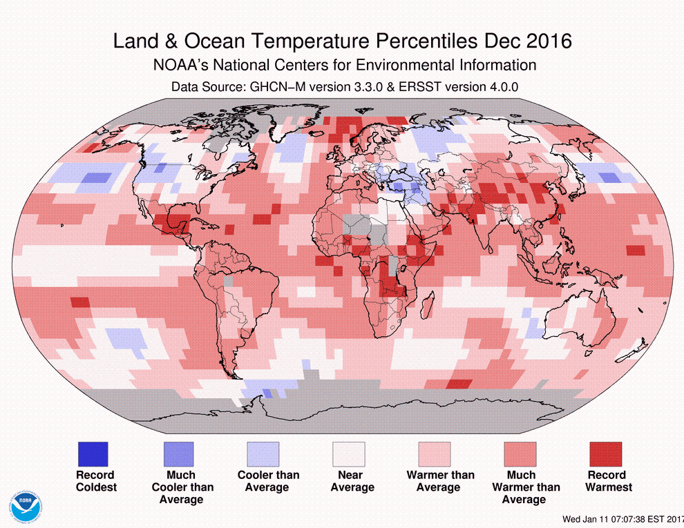 2016 Global Land &amp; Ocean Temperature Percentiles