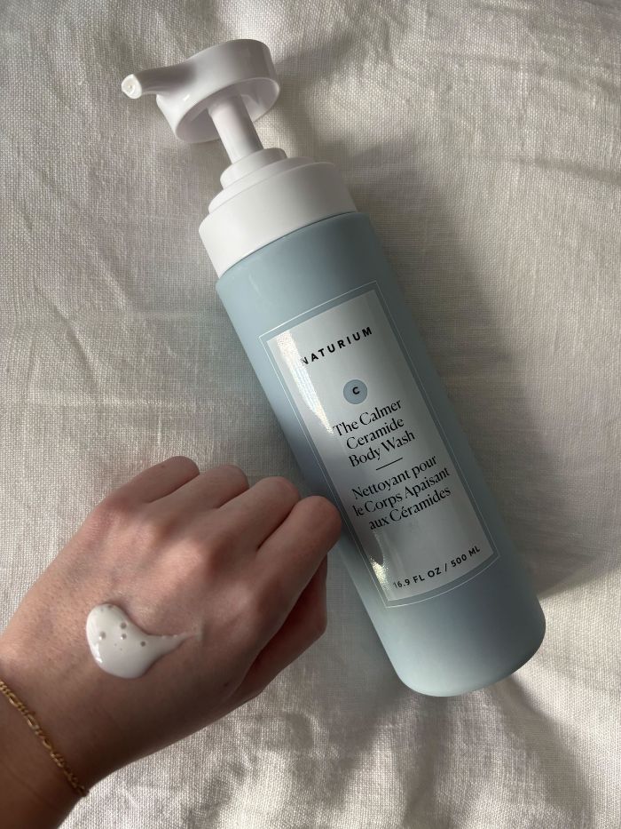 Deputy beauty editor Grace Lindsay testing the Naturium The Calmer Ceramide Body Wash