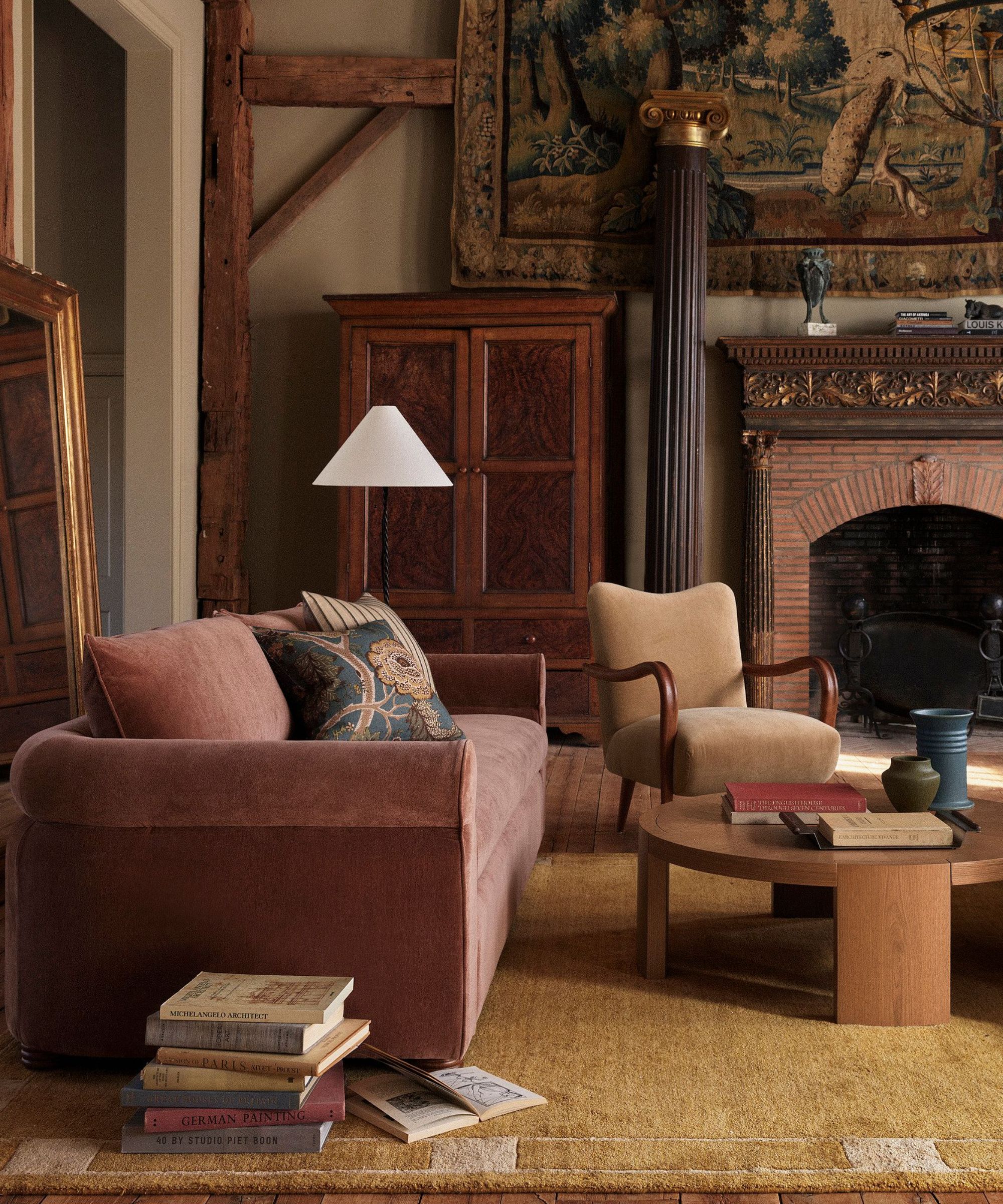 pierce and ward for west elm living room with a velvet dusty pink couch