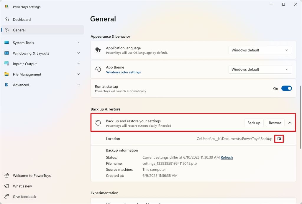 PowerToys backup and restore feature