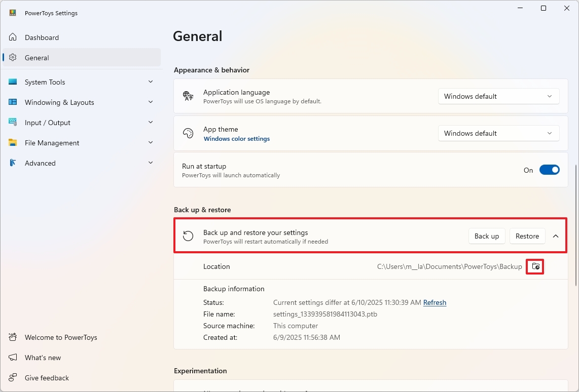 PowerToys backup and restore feature