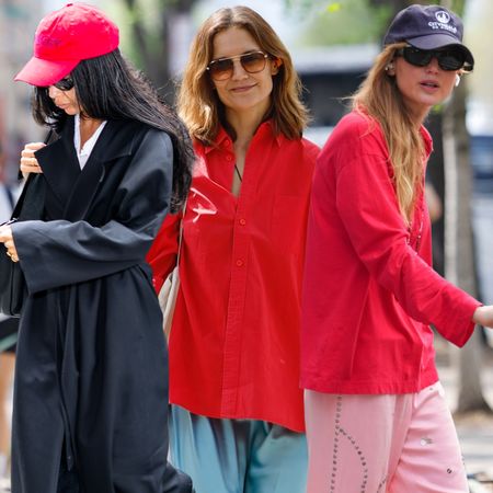 collage of celebrities wearing strawberry red color trend