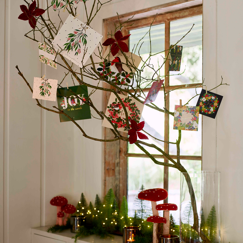 Christmas twig display with cards peg to the branches