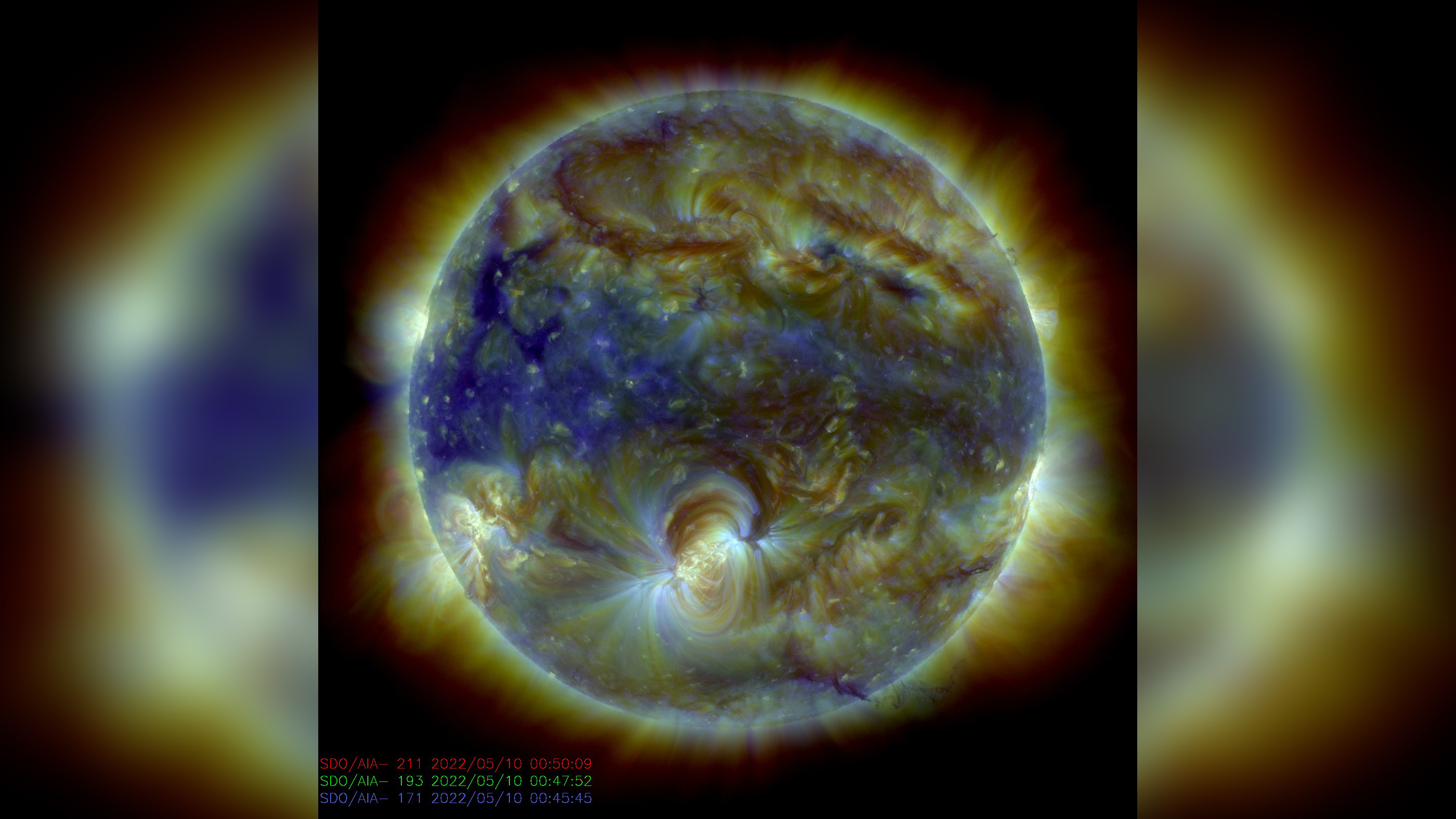 The NASA Solar Dynamics Observatory captured this composite photograph of the Sun at about the same time as the powerful solar flare.  The AR3006 is visible in the lower center of the solar disk.