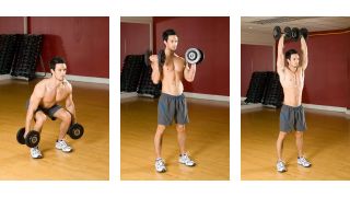 Man demonstrates three positions of squat to curl to press exercise