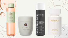 A lineup of the best facial exfoliators (L-R) from Pixi, Tatcha, Paula's Choice and Alpha H, on a beige background with product swatches