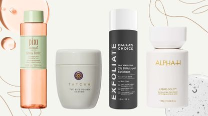 A lineup of the best facial exfoliators (L-R) from Pixi, Tatcha, Paula's Choice and Alpha H, on a beige background with product swatches