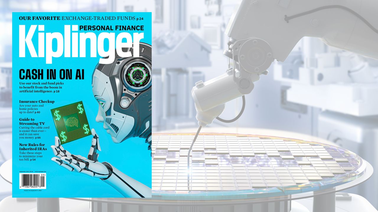 The new Kiplinger magazine cover with a blue background and a robot in the foreground.