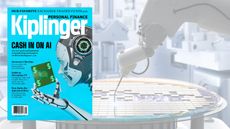 The new Kiplinger magazine cover with a blue background and a robot in the foreground.
