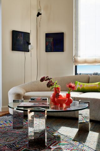 a coffee table in a modern apartment living room