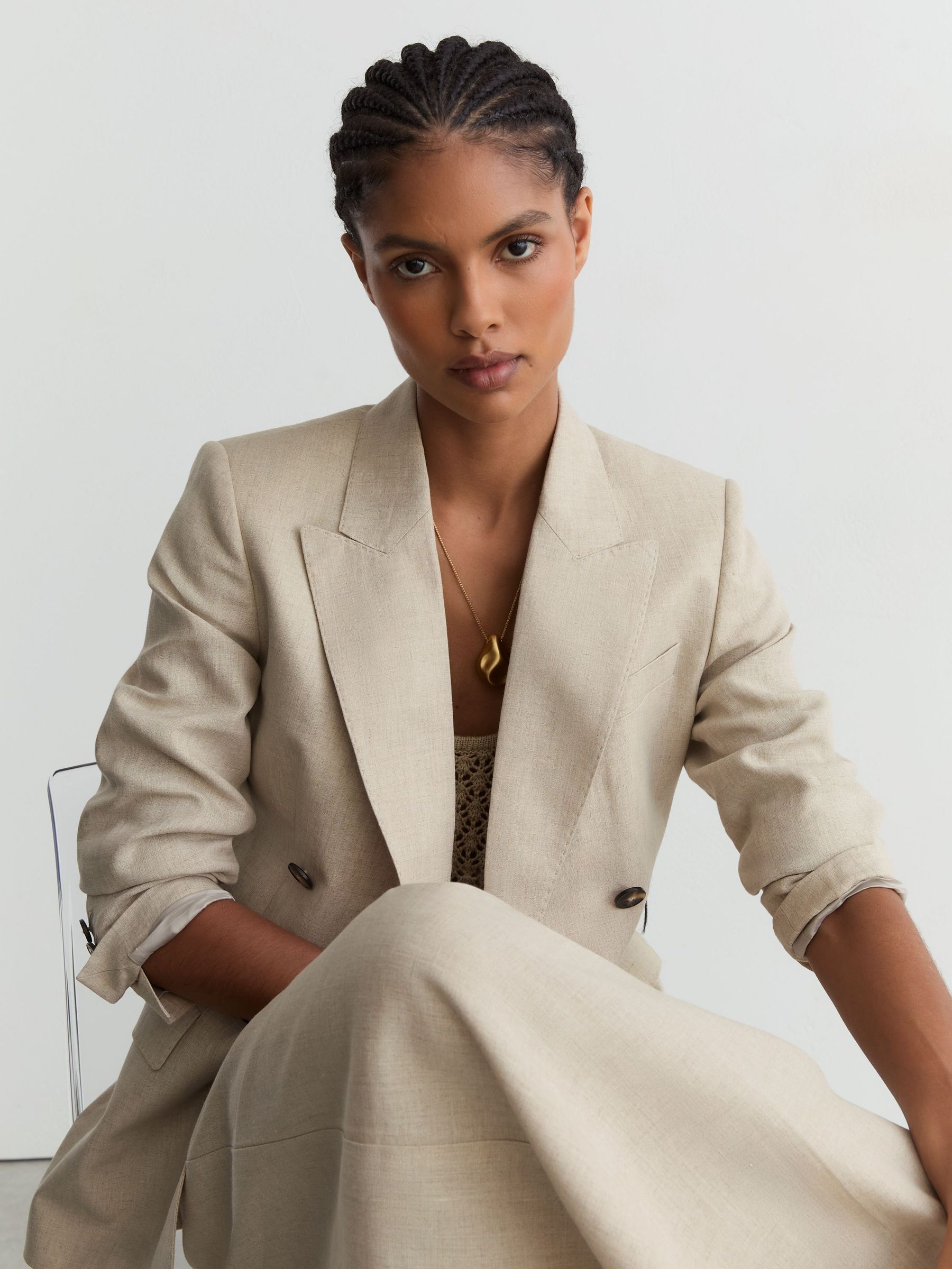 Linen Double-Breasted Suit Blazer in Neutral