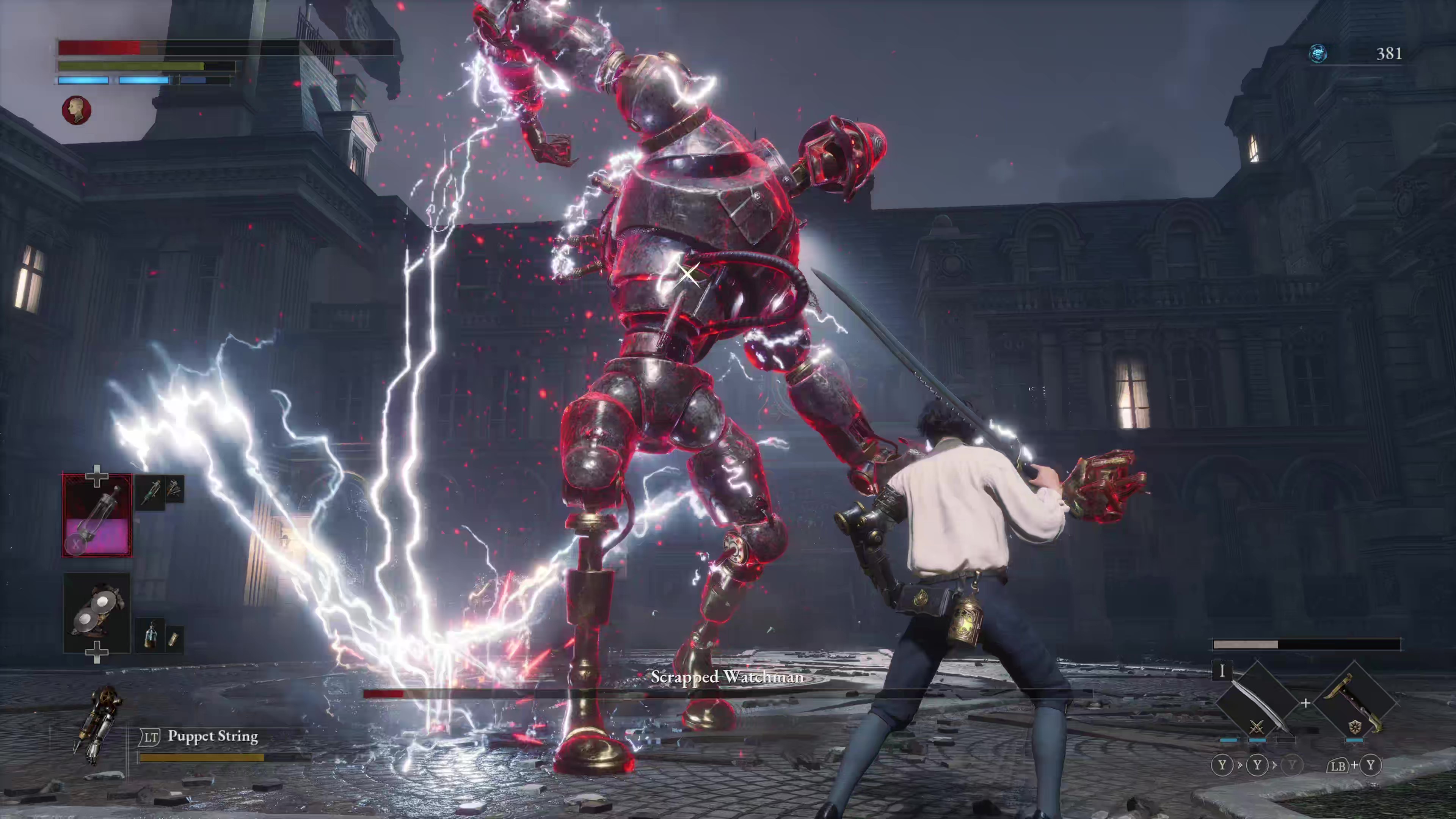 Captura de pantalla del juego del Scrapped Watchman realizando un ataque de furia en Lies of P.