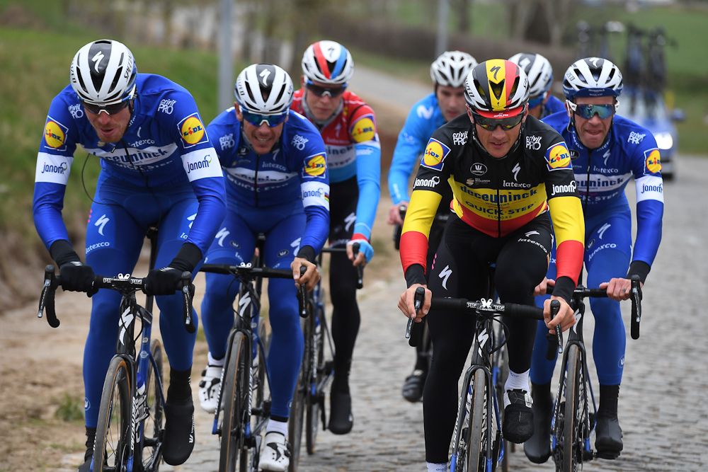 Belgian champion Yves Lampaert (Deceuninck-QuickStep) and teammates ride the 2019 Omloop Het Nieuwsblad route