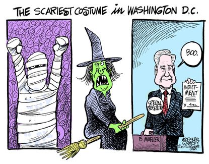 Political cartoon U.S. Halloween costumes Robert Mueller indictment