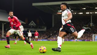 Adama Traore of Fulham crosses the ball during the Premier League match between Fulham FC and Manchester United FC at Craven Cottage on January 26, 2025 in London, England.