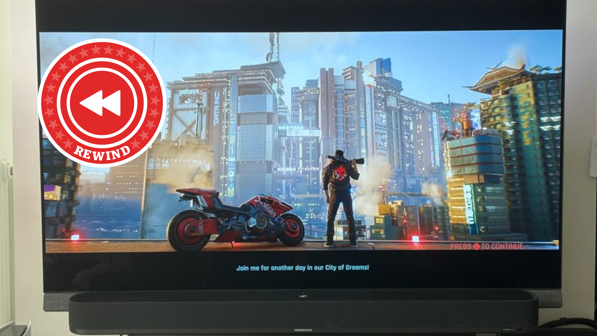 Philips OLED playing Cyberpunk with Rewind logo