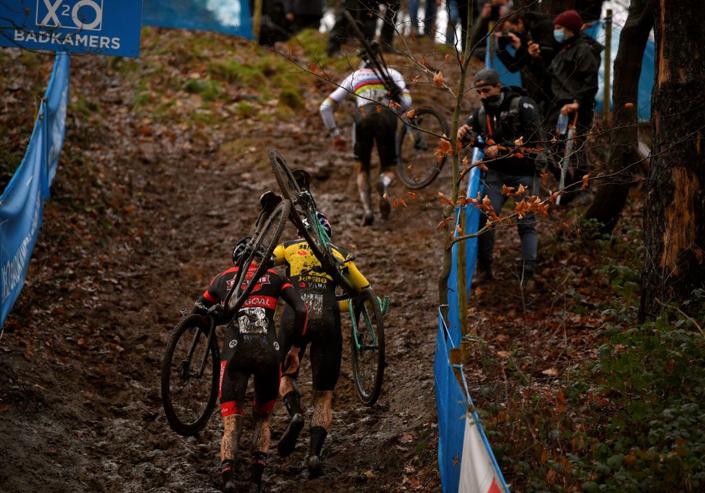 HERENTALS BELGIUM DECEMBER 23 Mathieu Van Der Poel of The Netherlands and Team AlpecinFenix Wout Van Aert of Belgium and Team Jumbo Visma Michael Vanthourenhout of Belgium and Team Pauwels Sauzen Bingoal during the 37th Herentals Azencross 2020 Men Elite CX DVVTrofee Azencross on December 23 2020 in Herentals Belgium Photo by Luc ClaessenGetty Images