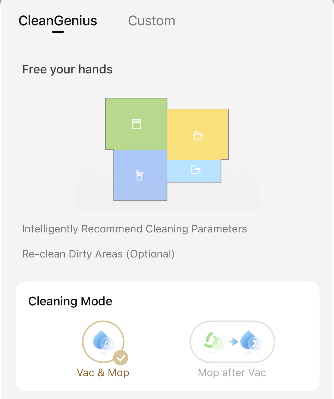Dreame Aqua10 Ultra Roller app showing CleanGenius mode with automatic room-based cleaning recommendations