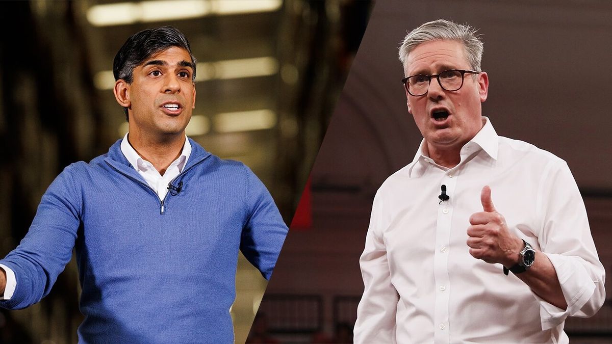 Current U.K. Prime Minister Rishi Sunak (L) and opposition leader Kier Starmer (R) ahead of the 2024 U.K. Election Night