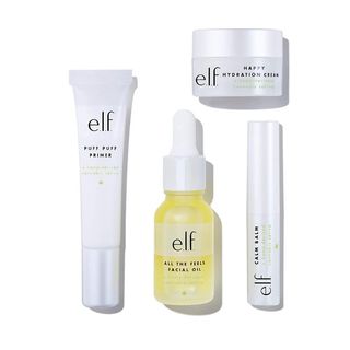 A product image of e.l.f. hemp skincare products. A face primer in a white tube on the far left, a face oil in the center, a lip balm on the far right, and a face moisturizer on the top
