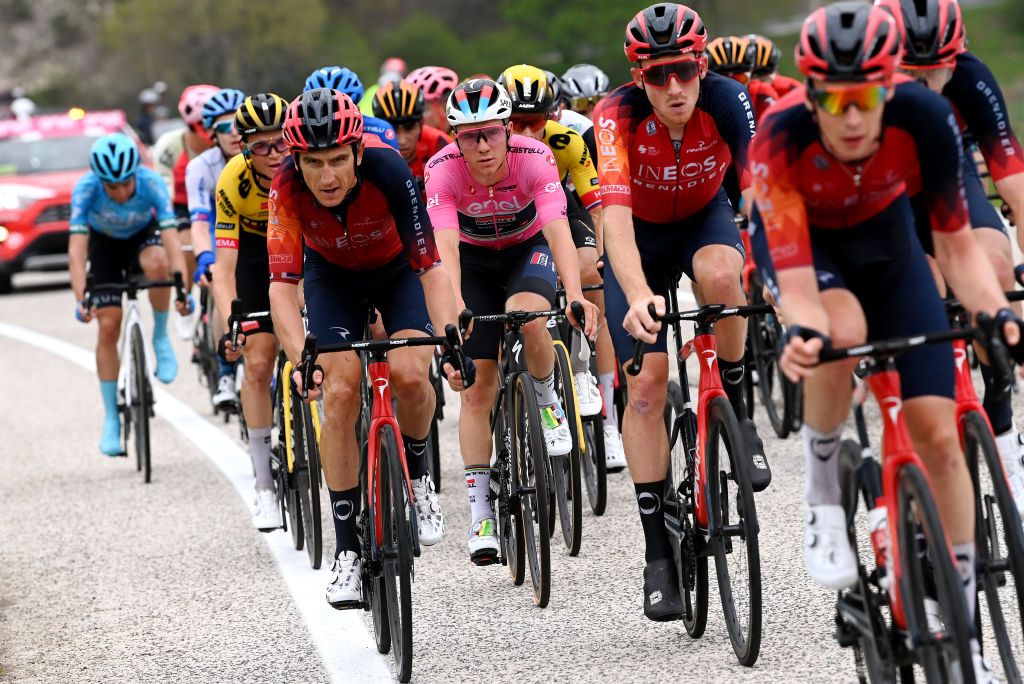 Geraint Thomas and Ineos Grenadiers, and overall race leader Remco Evenepoel of Soudal-QuickStep on stage 4 at the Giro d&#039;Italia