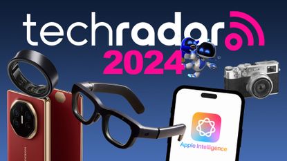 Huawei Mate XT, Sony's Astro Bot, Apple Intelligence logo, Meta Orion glasses, Samsung Galaxy Ring and Fujifilm X100 VI on a blue background below the words TechRadar 2024