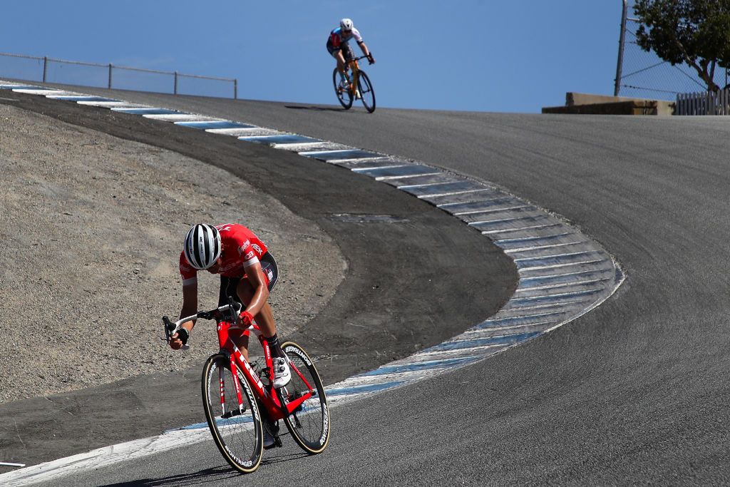 Trek-Segafredo's Toms Skujins goes it alone at Laguna Seca ahead of Sean Bennett (Hagens Berman Axeon) on stage 3 of the 2018 Tour of California