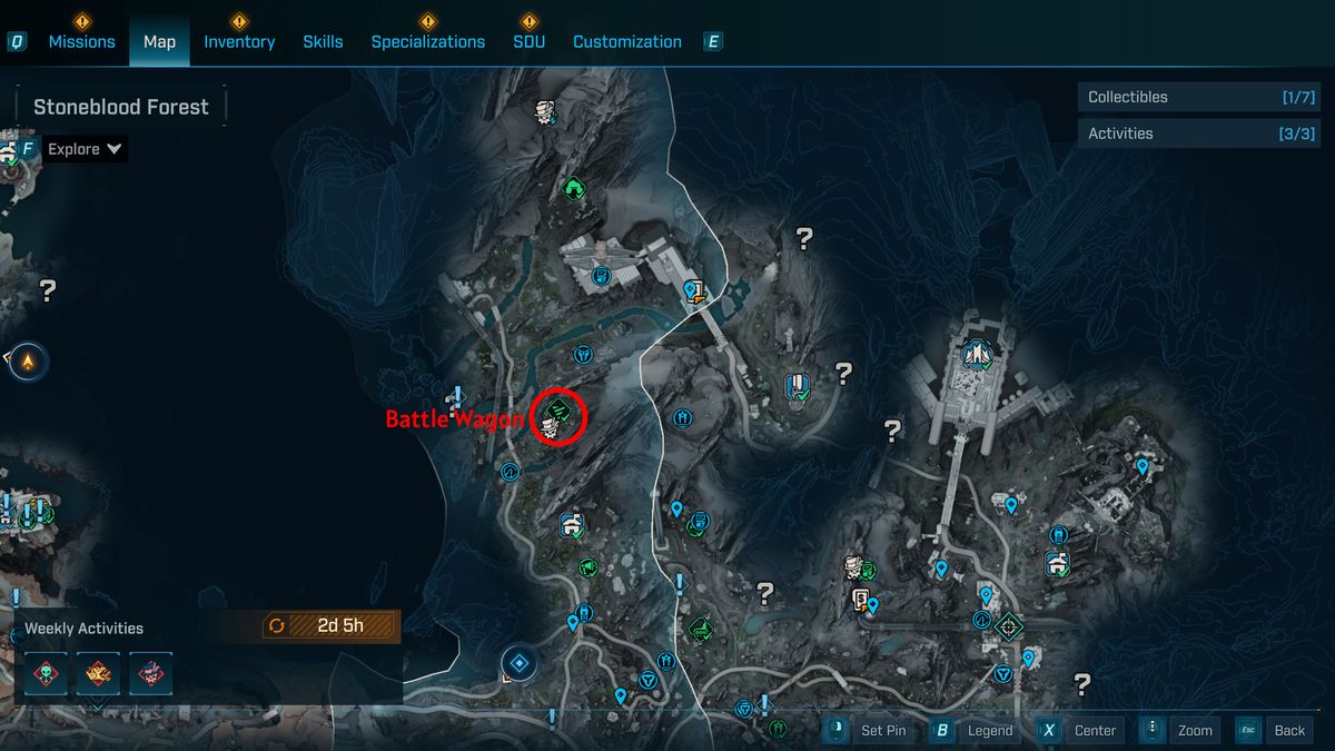 Borderlands 4 UVHM unlocks: A map with a red circle showing the location of the Battle Wagon boss in Terminus Range.