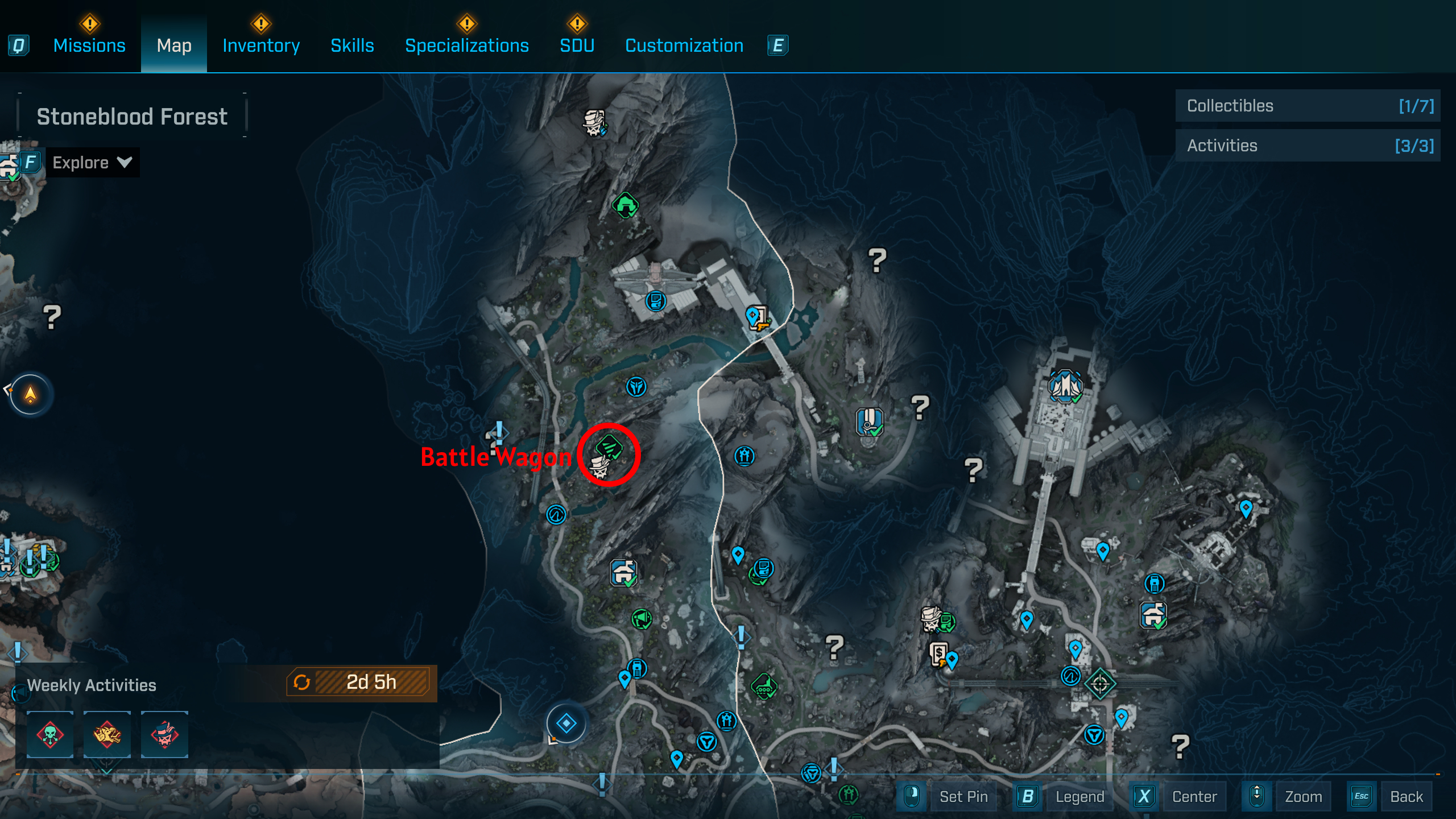 Borderlands 4 UVHM unlocks: A map with a red circle showing the location of the Battle Wagon boss in Terminus Range.