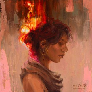 Painting of a woman with the back of her head on fire