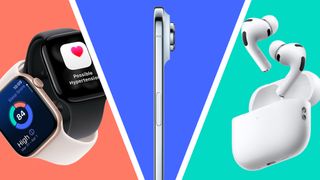 Apple Watch 11 on a red background, iPhone Air on a blue background and AirPods Pro 3 on a turquoise background