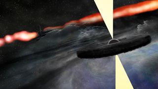 Artist's illustration of a newly discovered secondary supermassive black hole orbiting the main, central supermassive black hole of the galaxy Cygnus A.