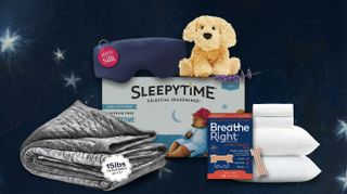 A collage image of some of our favorite products to help you fall asleep: A Silk & Sounds sleep mask, a Warmies Microwaveable Stuffed Toy shaped like a dog, a set of Coop Sleep Goods Percale Sheets, a box of Breathe Right Nasal strips and a Gravity Weighted Blanket, a box of Sleepytime Tea in the middle. Against a dark blue background with gold stars