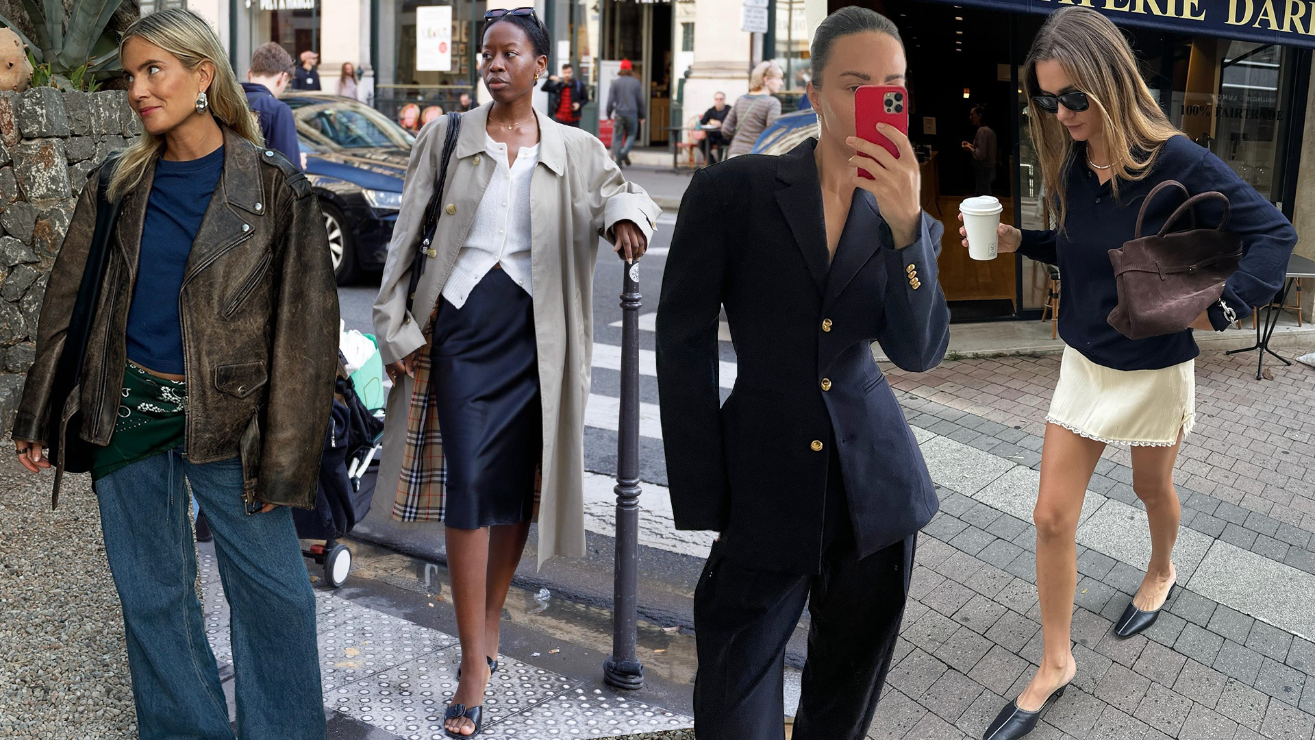 fashion collage featuring four European style influencers including Lucy Williams, Sylvie Mus, Johanna Piispa, and Anne-Laure Mais wearing fall 2025 outfits with navy pieces